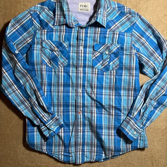 PD&C Men Large Blue Plaid‎ Button-Up Collared Pocket Long Sleeve Causal Shirt - Picture 1 of 7